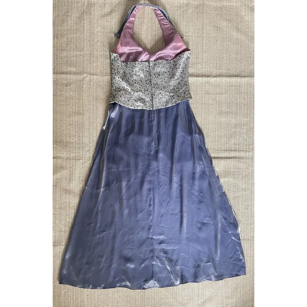 Patra Evening Gown 14 Silver Metallic Halter Top Chiffon Skirt Formal Dress USA - Picture 11 of 12